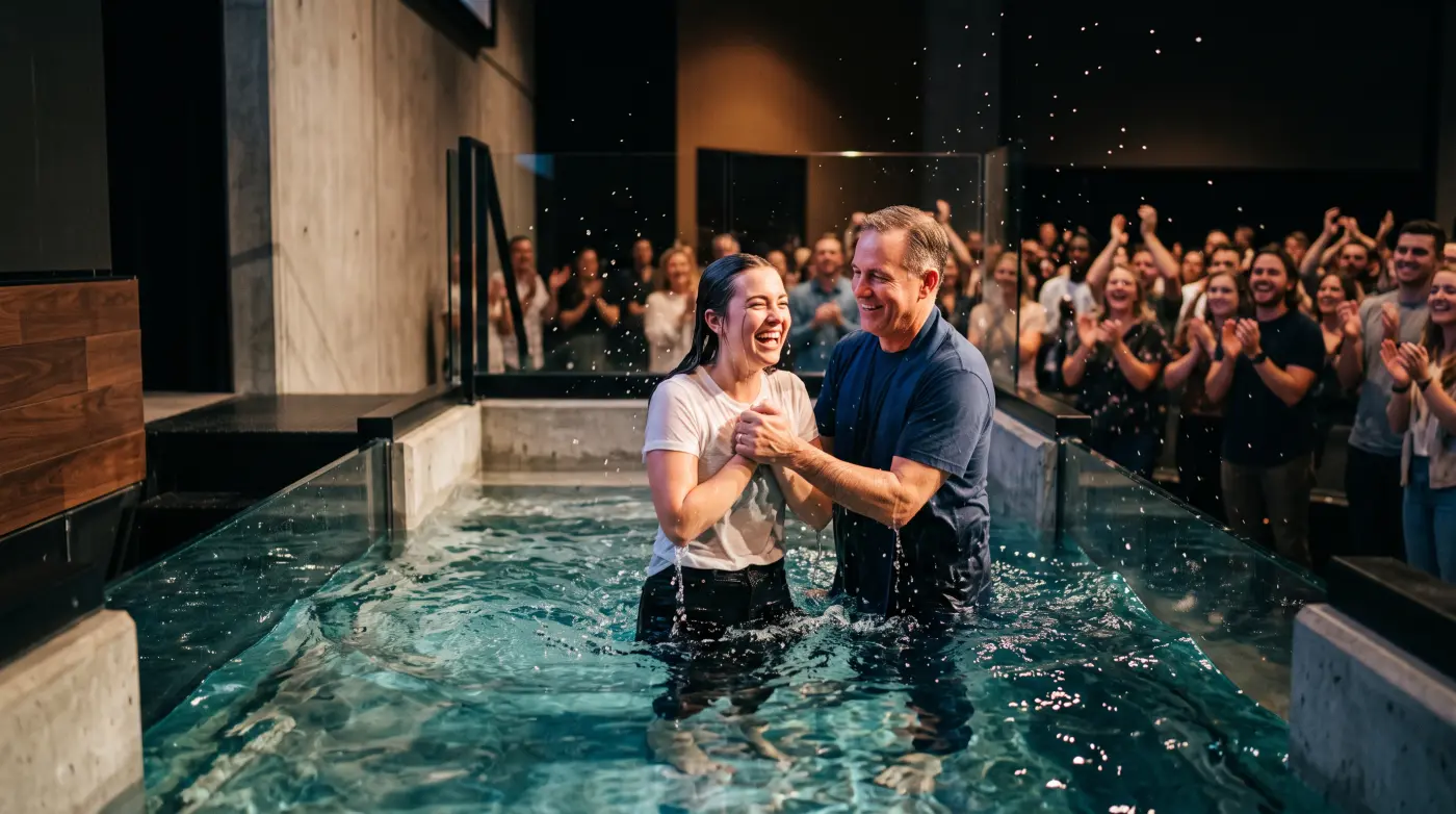 A woman celebrating her baptism as the congregation cheers
