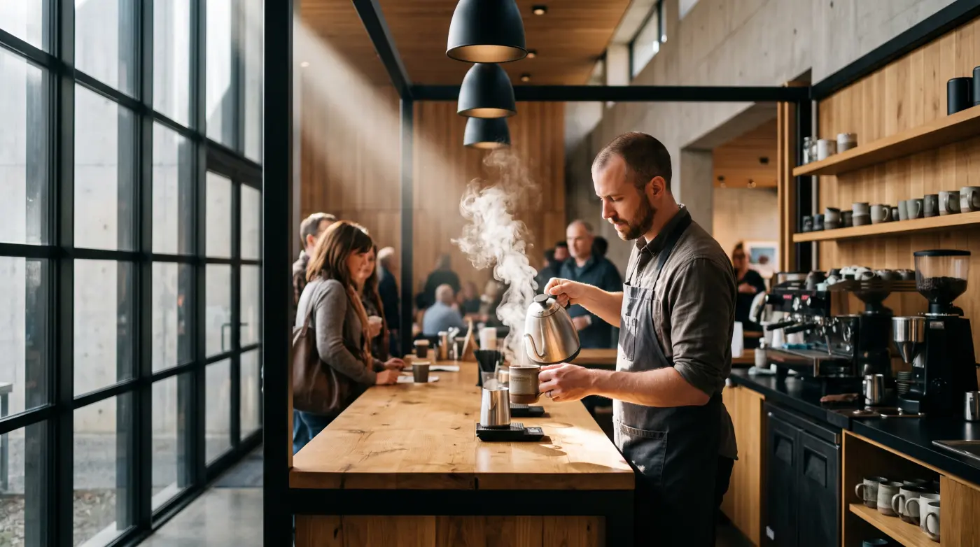 A barista pouring coffee in the church caf&eacute;