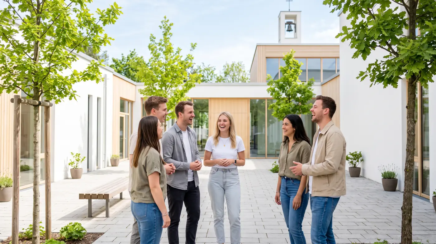 Friends talking in the church courtyard