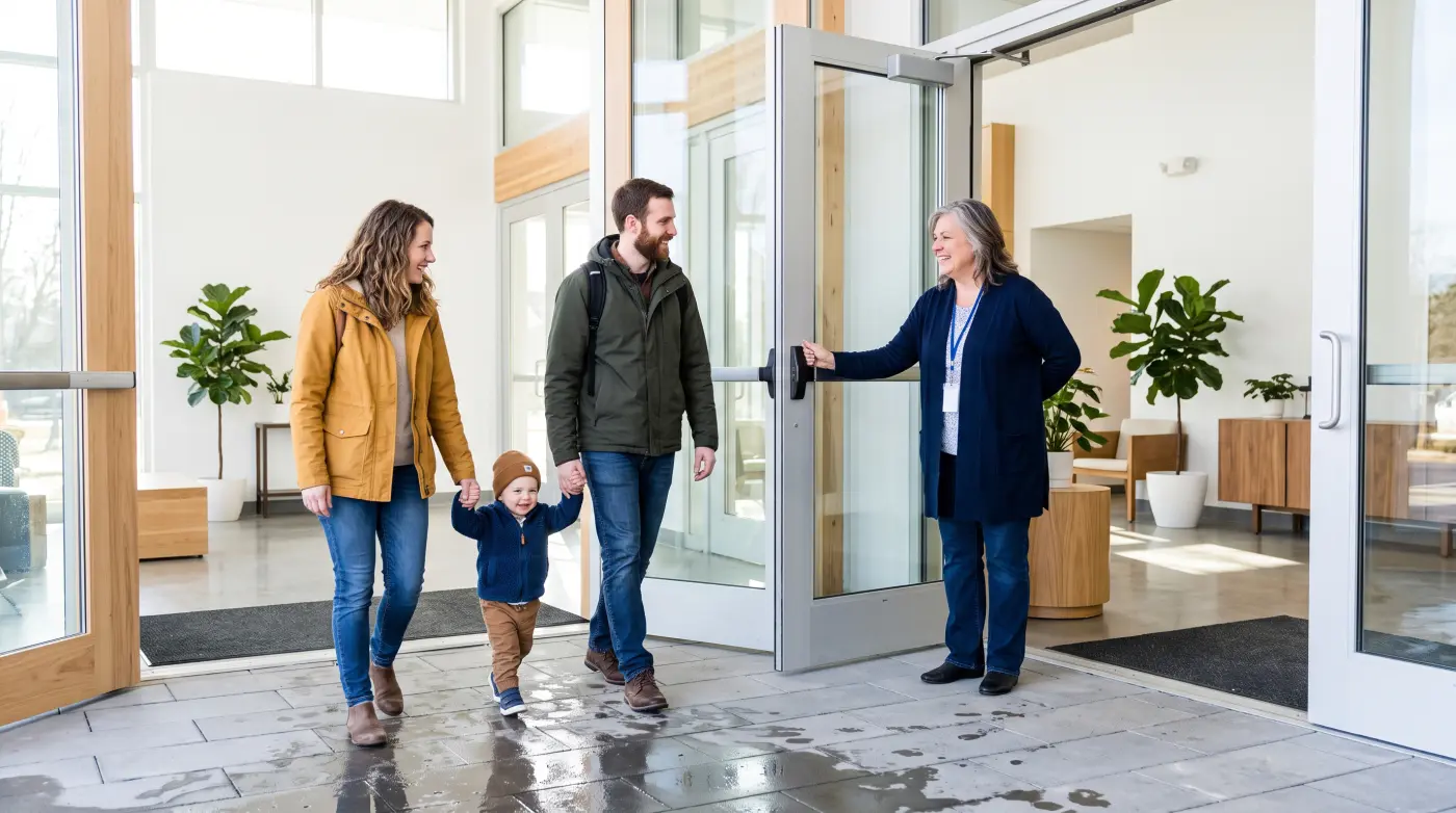 A greeter welcoming a family at the church doors