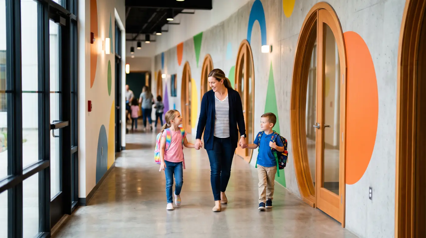 A mother walking two children down the bright kids&rsquo; ministry hallway