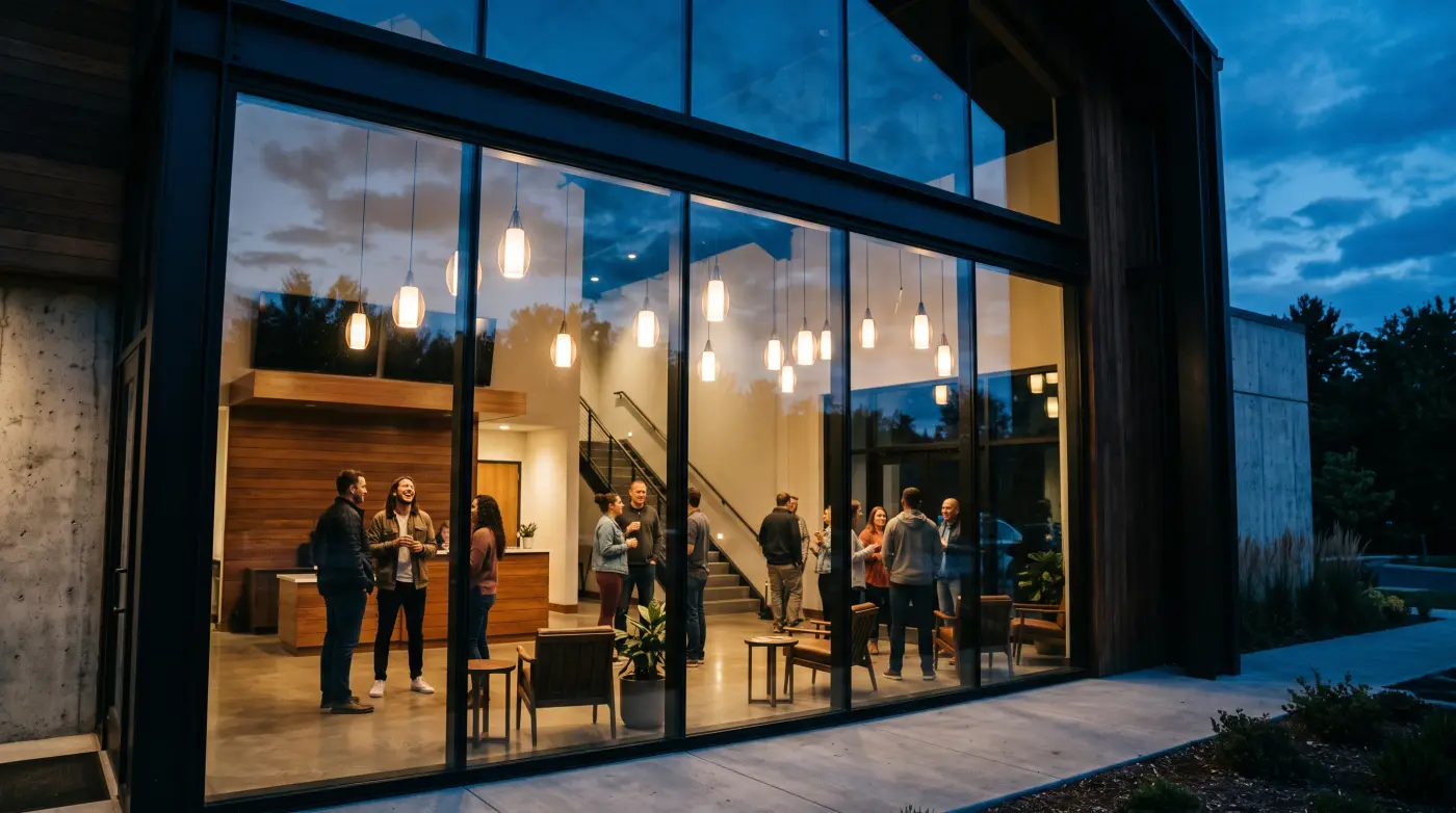 Families gathering in the church lobby