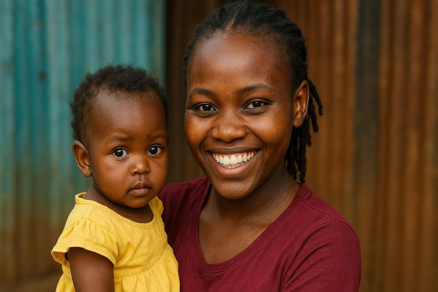 A smiling young mother holding her baby