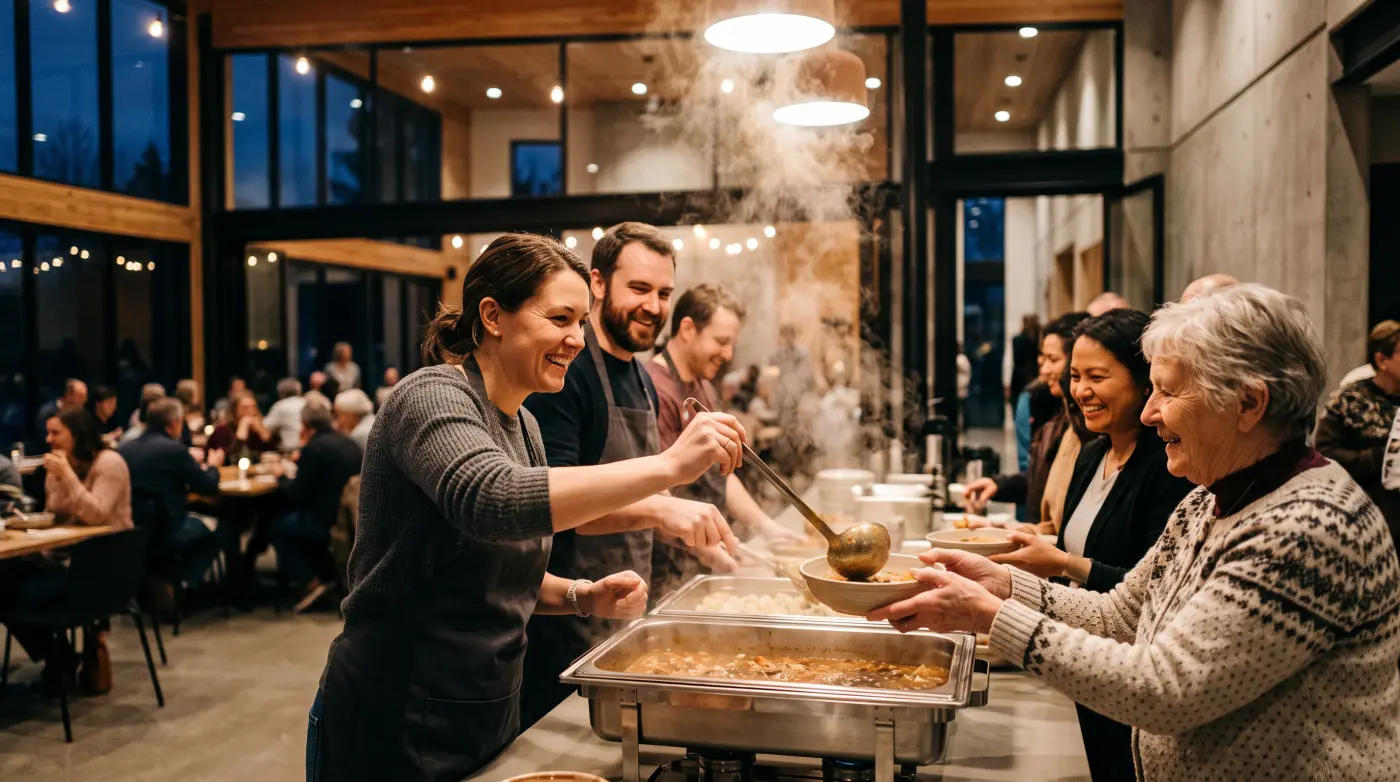 Volunteers serving a hot meal to guests in the church caf&eacute;