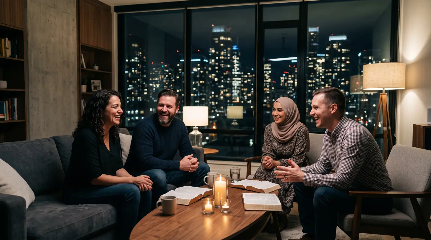 A small group laughing together in a living room