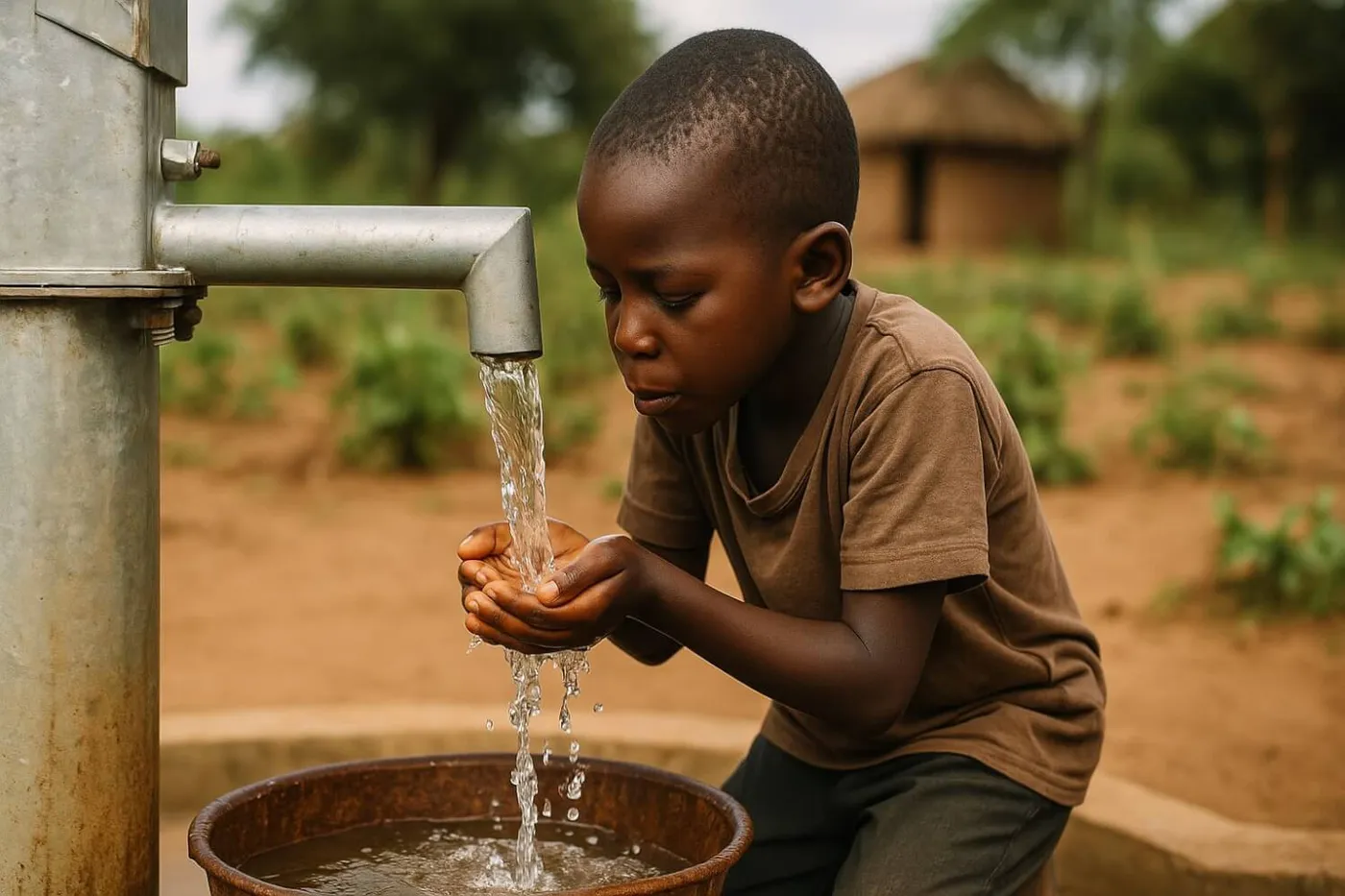 A boy drinking clean water from a village well